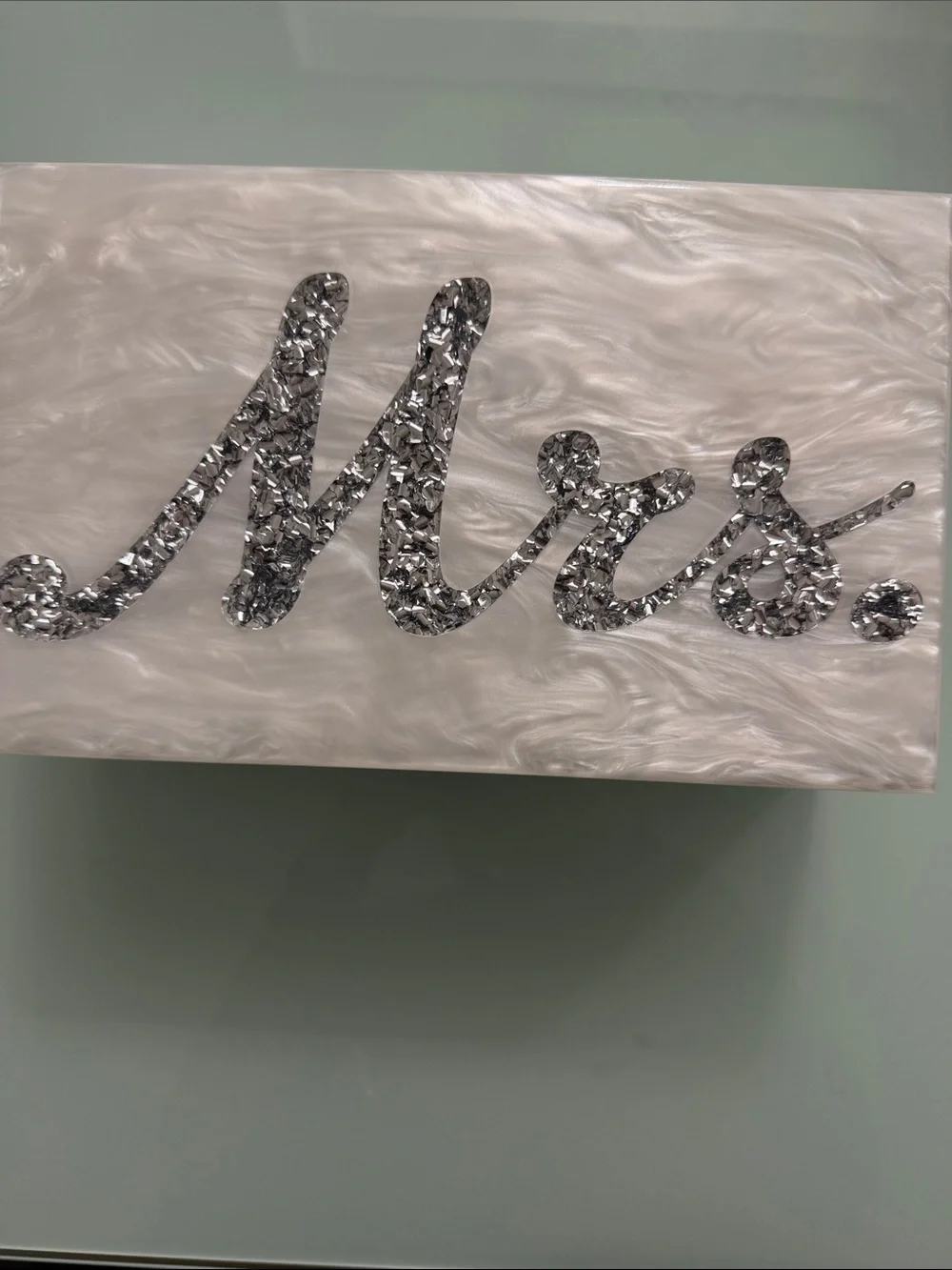 Edie Parker Pearl White Acrylic Cosmetic Case with Silver 'Mrs.' Script